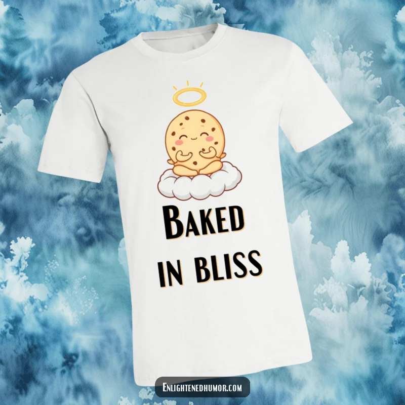 Funny Cookie Meditation T-Shirt featuring an exuberant cookie meditating on a cloud, halo above, embodying humorous sweet serenity.