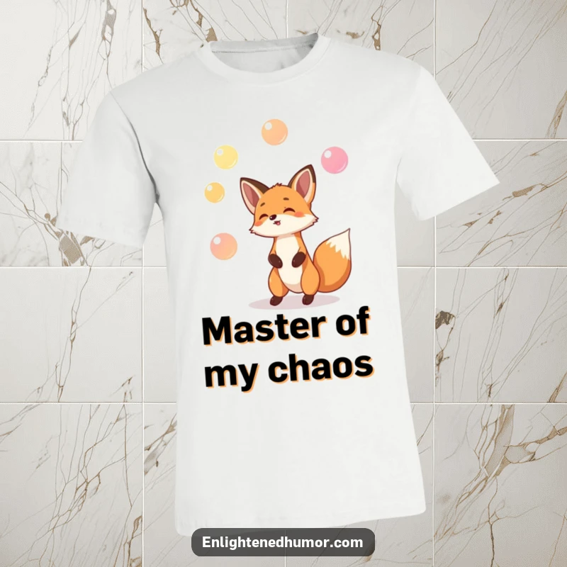 Funny t-shirt of a playful fox skillfully juggling three small, glowing orbs, radiating energetic and humorous talent.