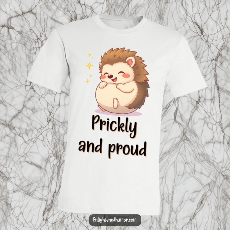 Funny Hedgehog T-Shirt, a happy character giggling as it rolls into a sparkly ball, capturing a moment of pure, delightful fun.