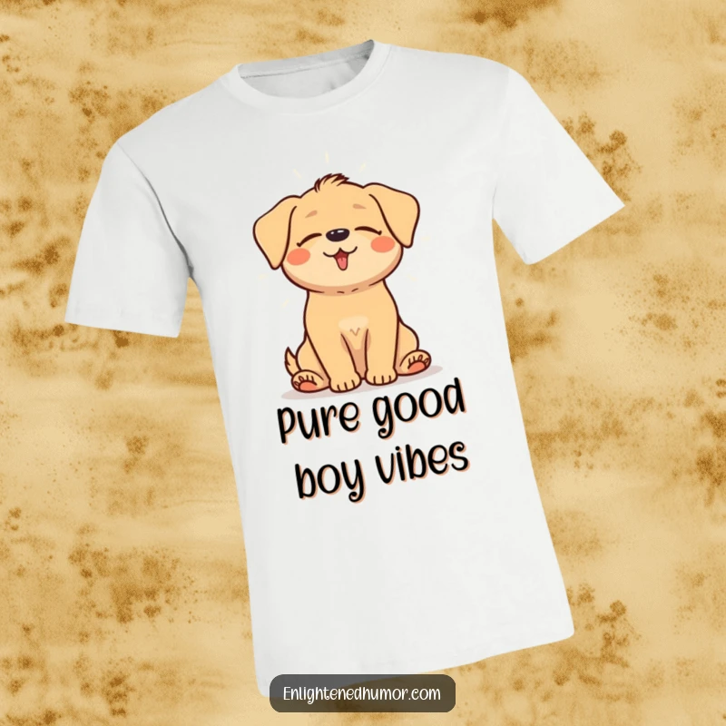 Funny t-shirt showcasing a happy dog sitting calmly with eyes closed, surrounded by a gentle, glowing aura of light.