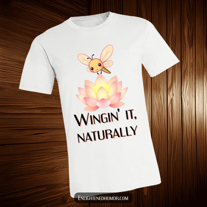 Funny kawaii dragonfly t-shirt showcasing a playful insect above a bright lotus flower, embodying tranquility and charm.