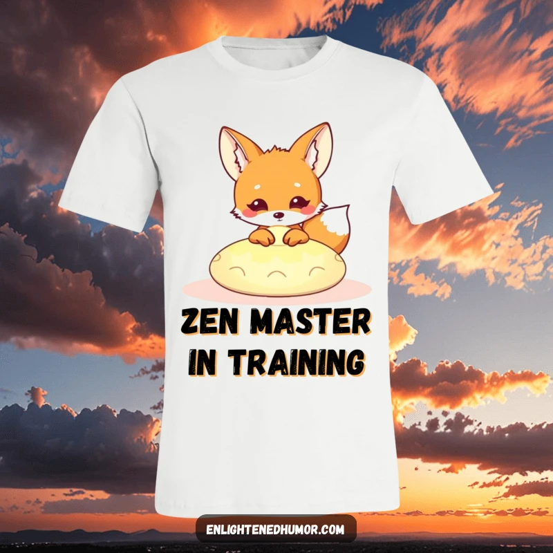 Funny Kawaii Fox T-Shirt: Cute fox peeking from a glowing meditation cushion, symbolizing calm and curiosity. A hilarious gift for yoga enthusiasts.