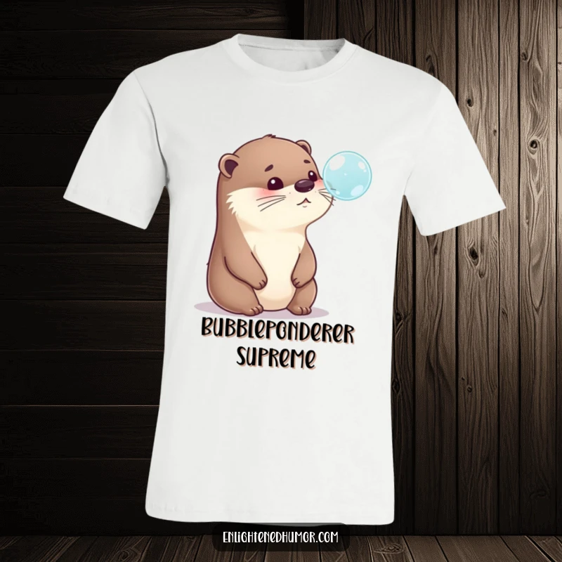 Funny Otter T-Shirt: A cute, playful otter is humorously deep in thought, staring at a shiny bubble, a perfect funny gift.