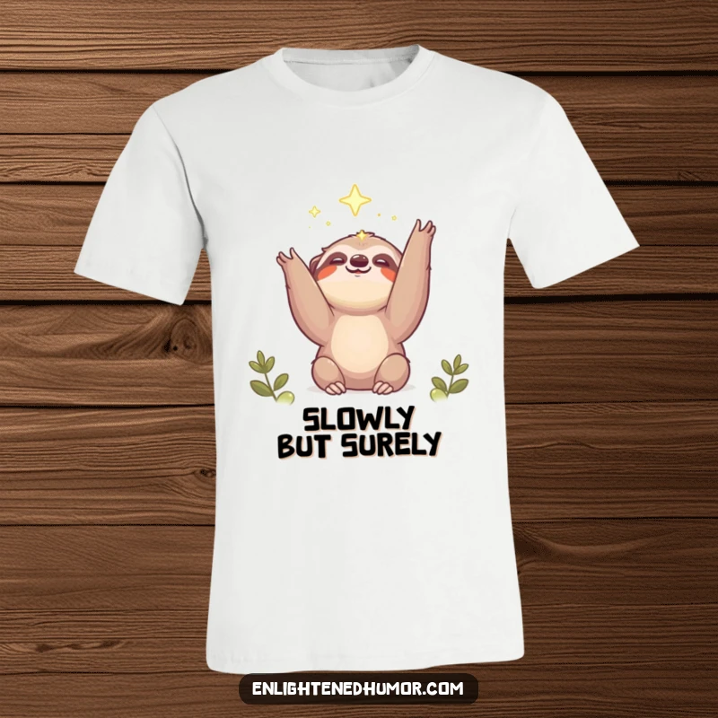 Funny kawaii sloth t-shirt with a smiling animal stretching towards a glowing light, representing dreams and aspirations.