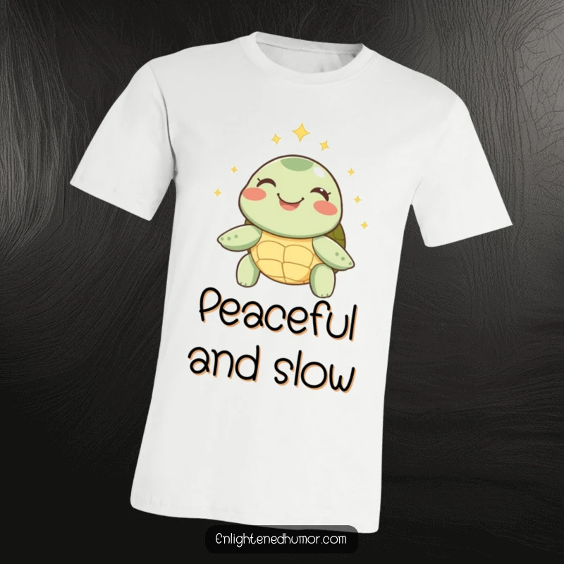 Funny Turtle T-Shirt: A joyful turtle beaming with inner peace, encircled by a halo of soft, glowing sparks.