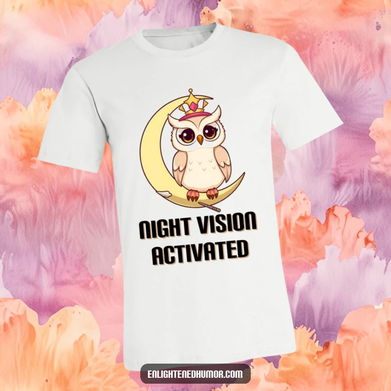 Funny celestial owl t-shirt, a wise owl perching on a crescent moon, its eyes twinkling mysteriously.