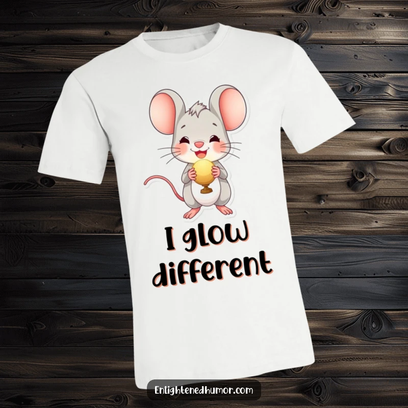 Funny t-shirt with a cheerful mouse character joyfully holding a bright, radiant orb, symbolizing happiness and positive energy.