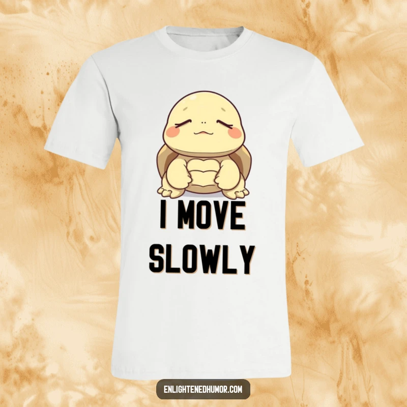 Funny t-shirt with a tortoise meditating peacefully, eyes closed, embodying zen and gentle humor.