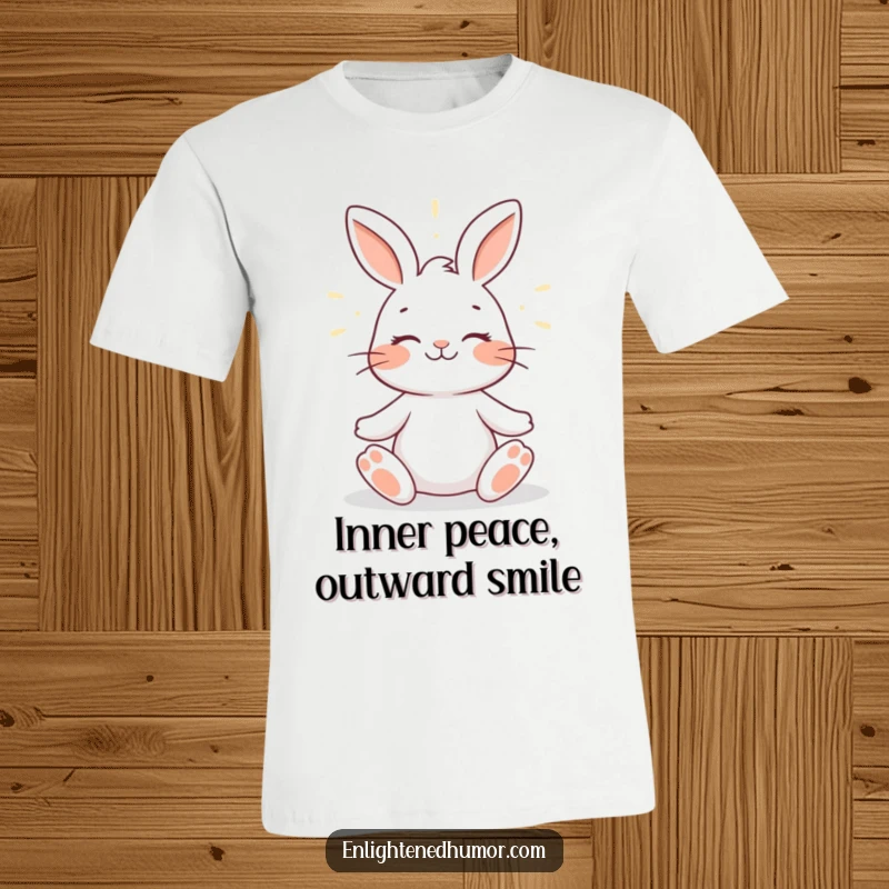 Funny rabbit t-shirt graphic depicting a smiling rabbit in deep meditation, surrounded by a serene halo of gentle light, embodying peace.