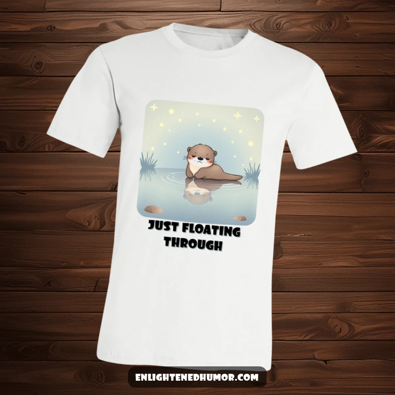 Funny celestial otter t-shirt featuring a serene otter floating in a starlit pond, conveying a sense of peacefulness and cool.