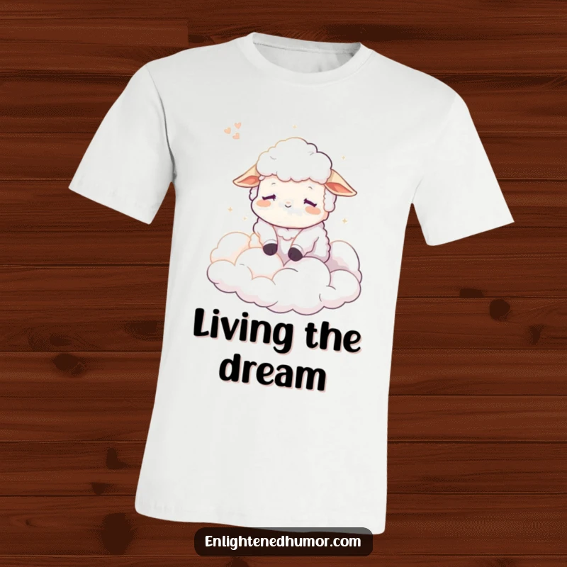 Funny Sheep T-Shirt, a serene character lost in a peaceful dreamscape of soft, glowing clouds, offering comfort and charm.