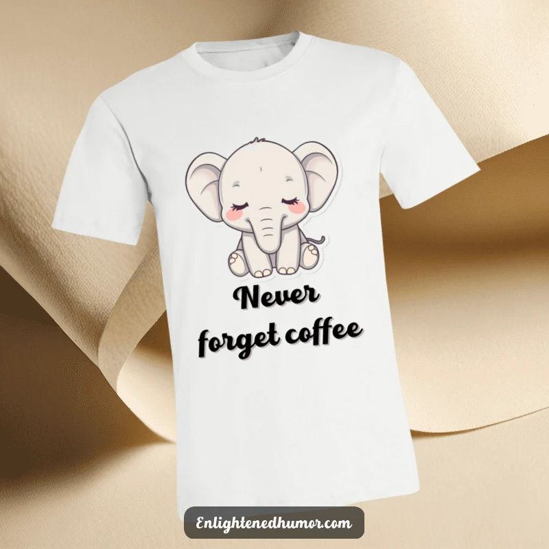 Funny t-shirt with a serene elephant, eyes closed, trunk curled, representing peace and understated humor.