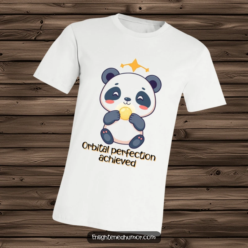 Funny celestial panda t-shirt depicting a gleeful panda balancing a tiny glowing orb on its nose with expert cosmic precision.