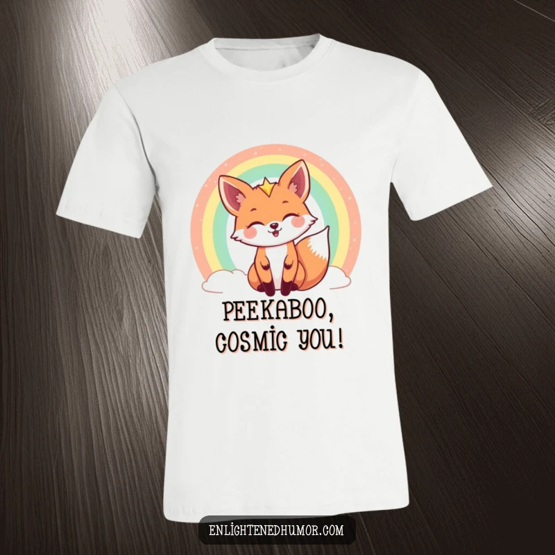 Funny celestial fox t-shirt featuring a joyful fox peeking mischievously from behind a vibrant, shimmering rainbow, full of cosmic energy.