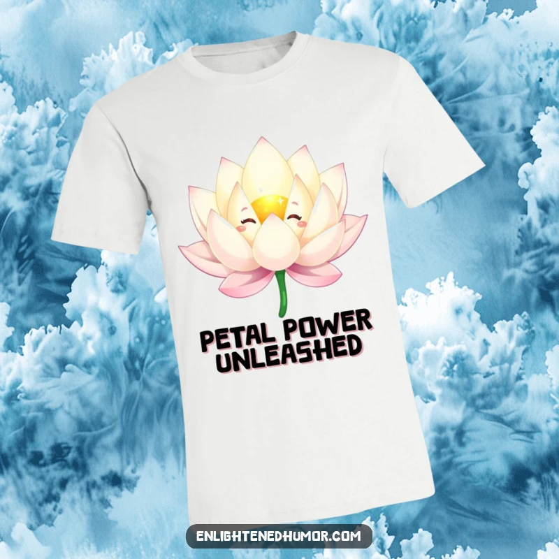 Funny t-shirt showcasing a sparkling lotus flower character in a graceful floating pose, highlighting its elegant petals.