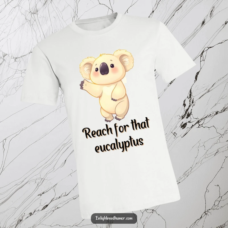 Funny t-shirt with a glowing koala reaching upwards, enveloped in a faint aura, conveying hope and peaceful ambition.