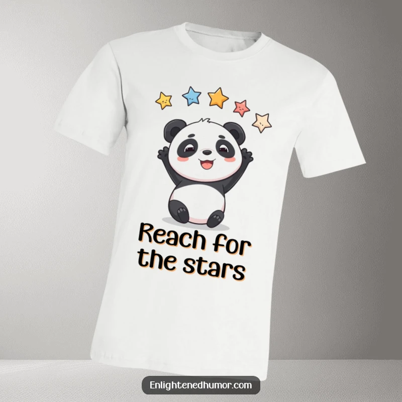 Funny t-shirt featuring a smiling panda reaching for stars, symbolizing aspiration and playful dreams.