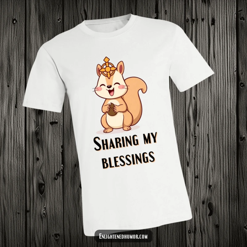 Funny Kawaii Squirrel T-Shirt: Cute squirrel offering a nut towards a spiritual symbol, symbolizing good luck and generosity. A hilarious funny gift.