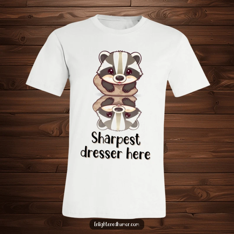 Funny t-shirt with a beaming badger marveling at its reflection in a smooth, polished stone, expressing joy and self-awareness.