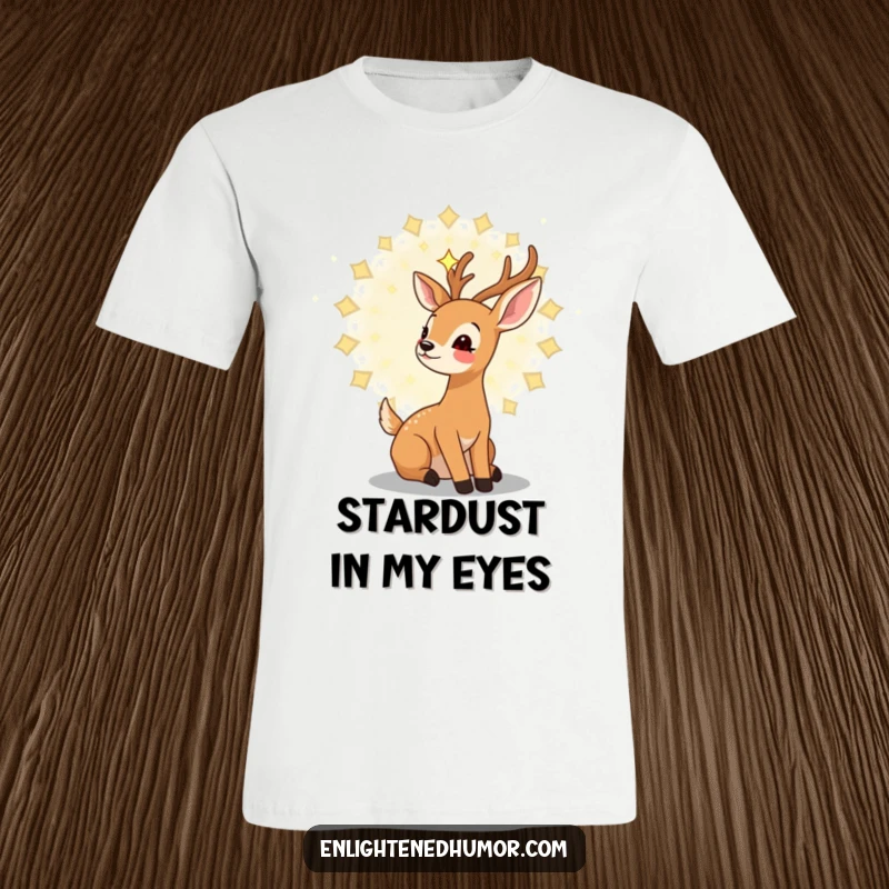 Funny kawaii deer t-shirt showing a gentle deer gazing upwards at a swirling mandala of stars, radiating dreamy humor.