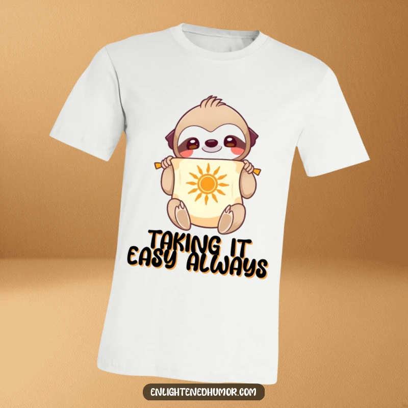 Funny T-Shirt: Smiling sloth character unfurling a scroll with a radiant sun symbol, looking peaceful and wise.