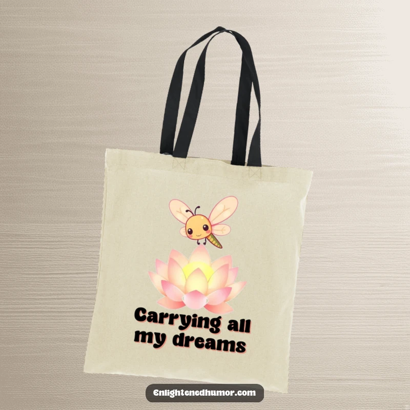 Funny kawaii dragonfly tote bag depicting a cute insect above a vibrant lotus flower, perfect for eco-friendly and stylish carrying.