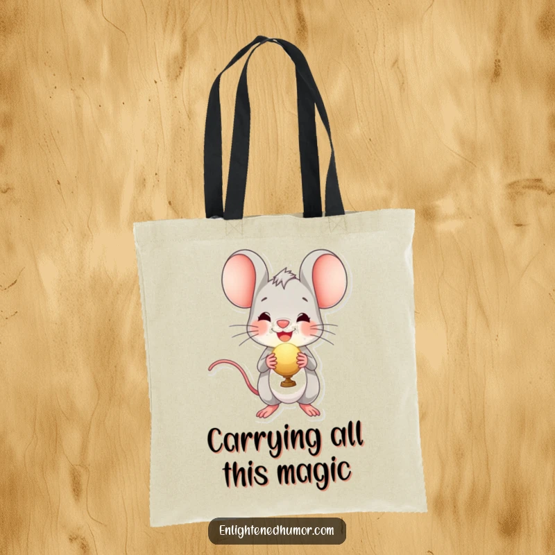 Funny tote bag showcasing a cheerful mouse character holding a luminous radiant orb, perfect for stylish and humorous everyday use.