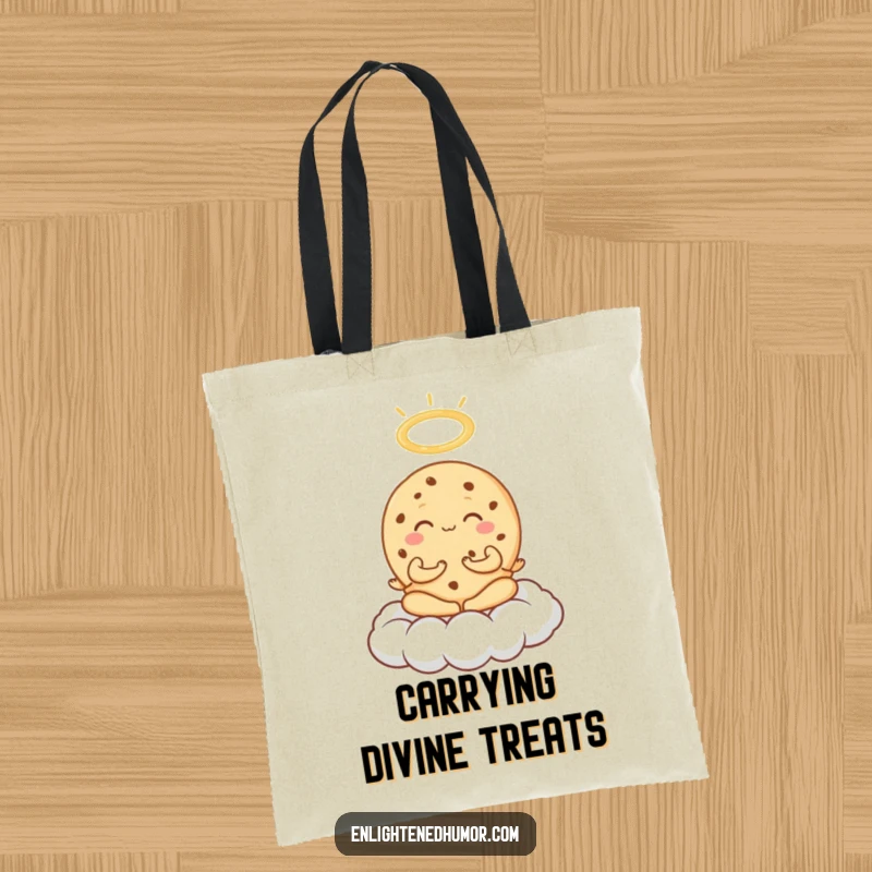 Funny Cookie Meditation Tote Bag with an exuberant cookie meditating on a cloud, halo above, perfect for carrying sweet calm.