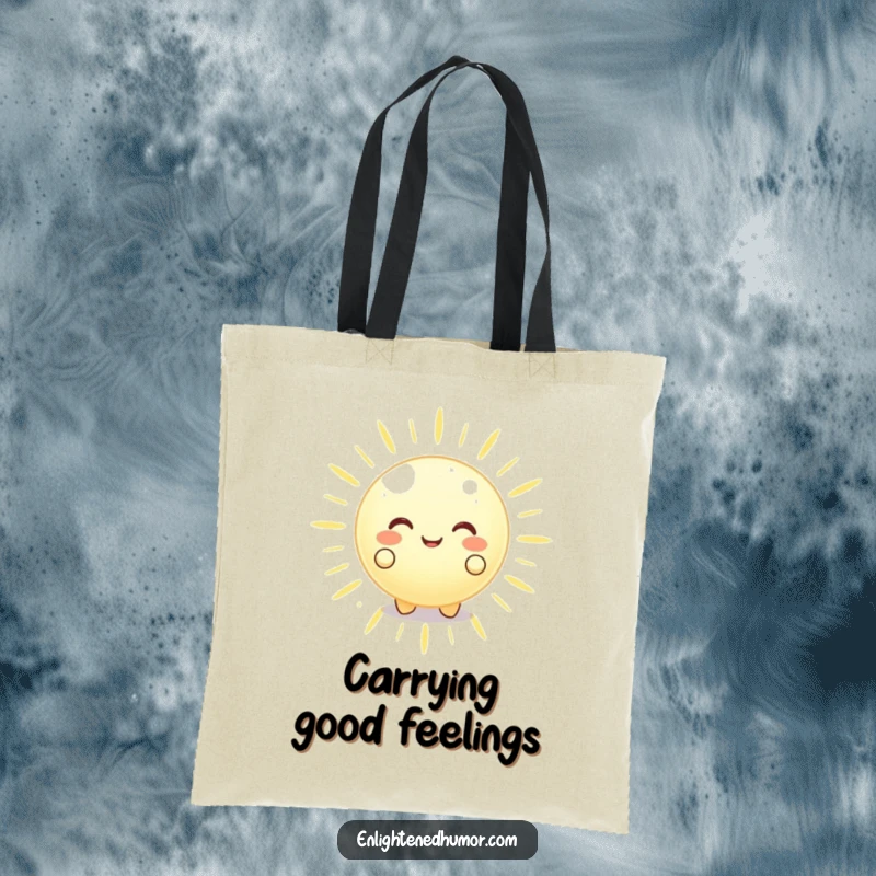 Funny happy glowing orb character on a tote bag, radiating peaceful energy outwards, a cute and functional funny accessory.