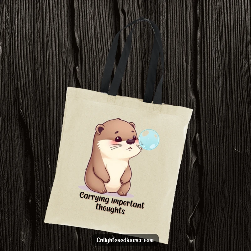 Funny Otter Tote Bag: A charming tote featuring a playful otter humorously pondering a shimmering bubble, perfect for carrying essentials, funny gift.