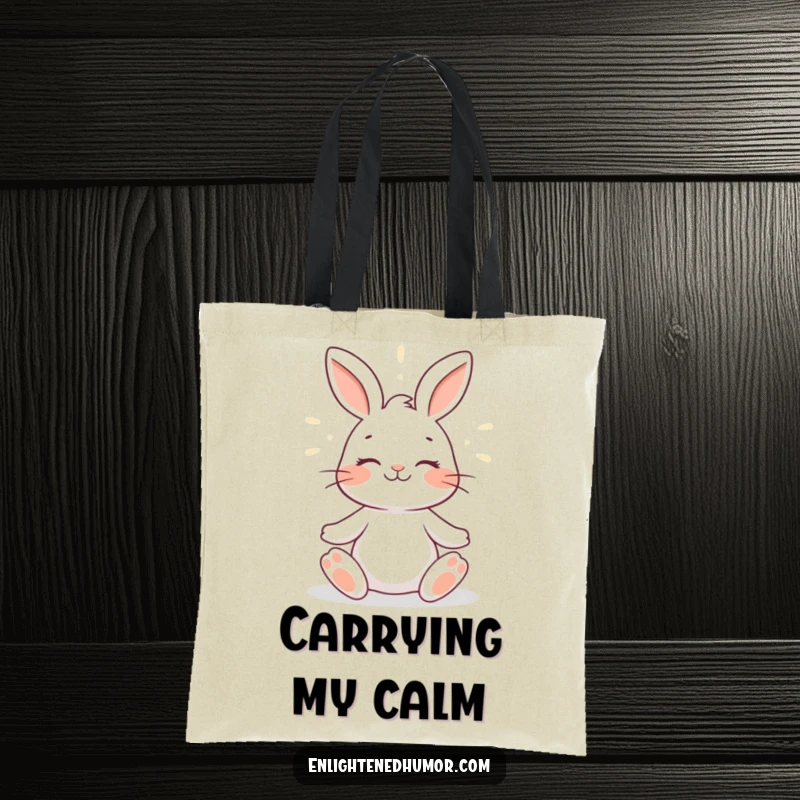 Funny rabbit tote bag featuring a smiling rabbit meditating with a gentle halo of light, embodying peacefulness and lightheartedness.