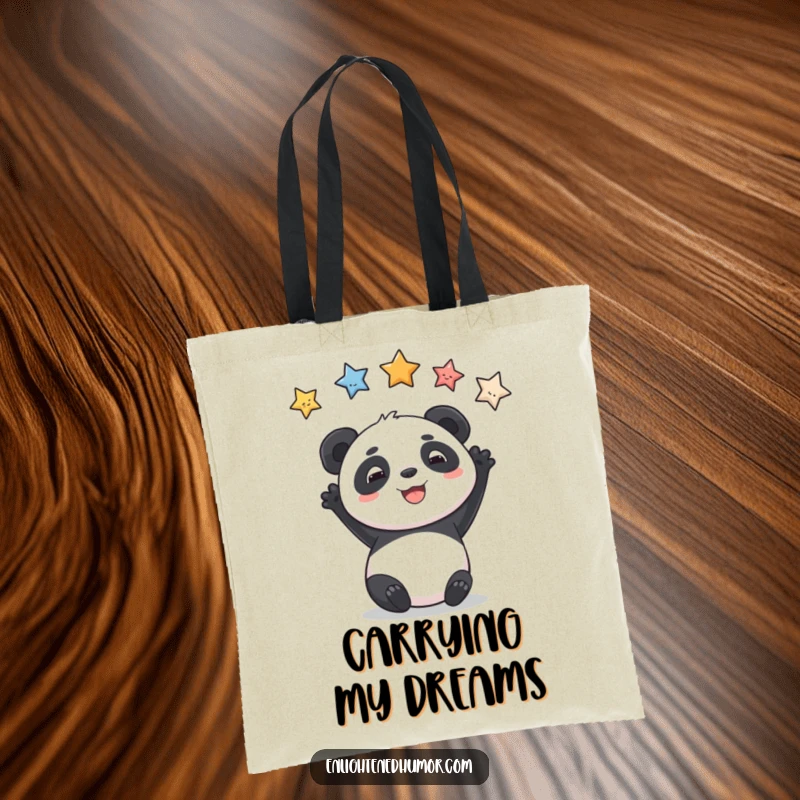 Funny tote bag featuring a grinning panda reaching for ascending stars, symbolizing ambition and travel.