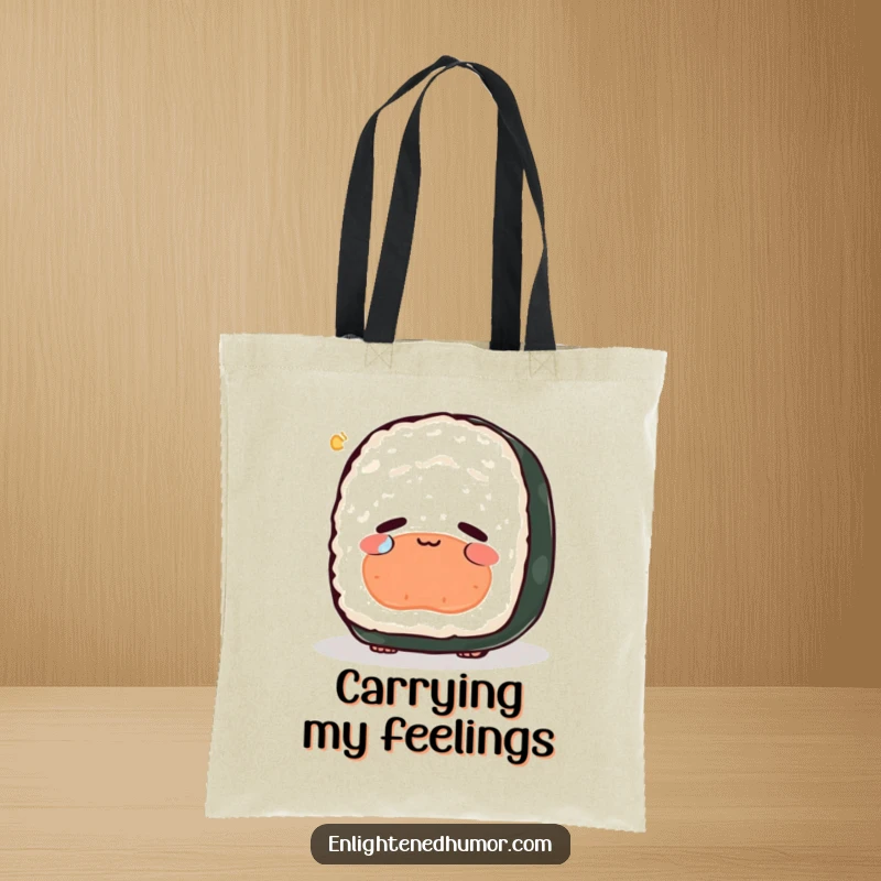Funny sushi tote bag, peaceful, contemplating existence, single tear of joy, deep thought tote.