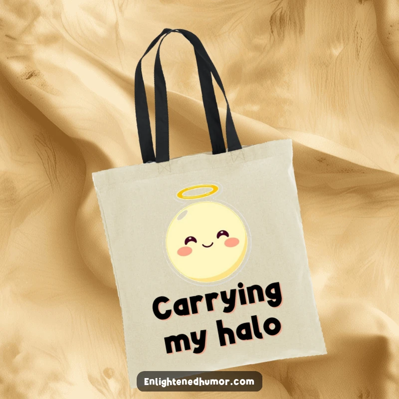 Funny smiling round moon character with a halo on a tote bag, floating upwards, a cute and functional funny accessory.