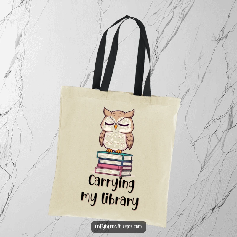 Funny tote bag showcasing a wise owl perched on a stack of books, eyes closed in thought, ideal for carrying literary treasures.