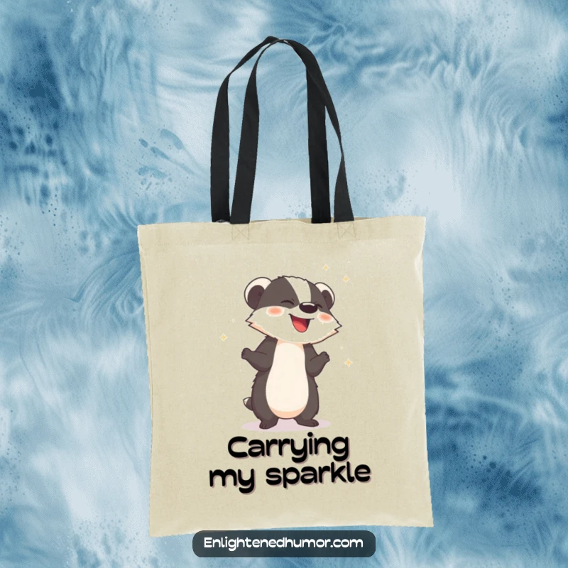 Funny tote bag featuring a giggling badger releasing sparkling dust, symbolizing magic and everyday charm.
