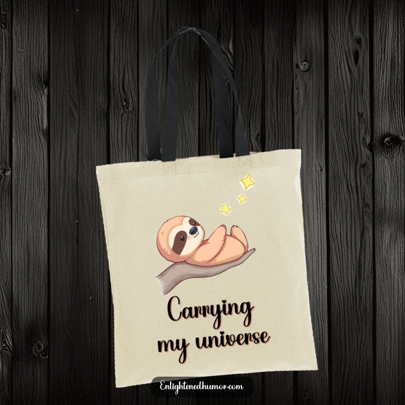 Funny celestial sloth tote bag showing a thoughtful sloth gazing at a twinkling star, perfect for carrying cosmic thoughts and essentials.