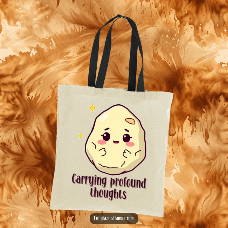 Funny tote bag with a wise, floating philosopher stone character, carrying knowledge and secrets with a knowing twinkle. Ideal for everyday use.