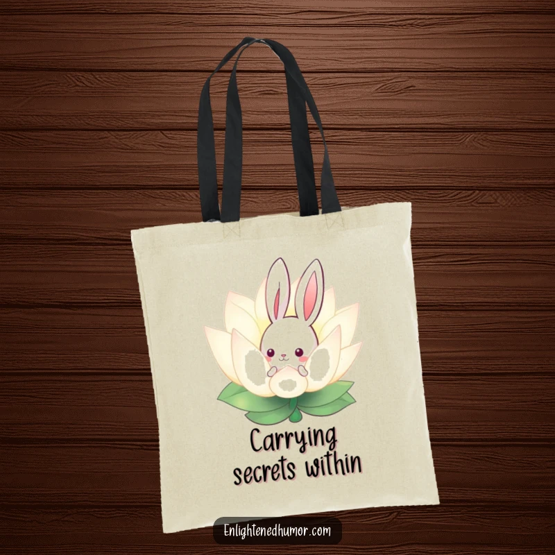 Funny tote bag showcasing a curious bunny peeking from behind a glowing lotus flower, perfect for stylish and serene everyday use.