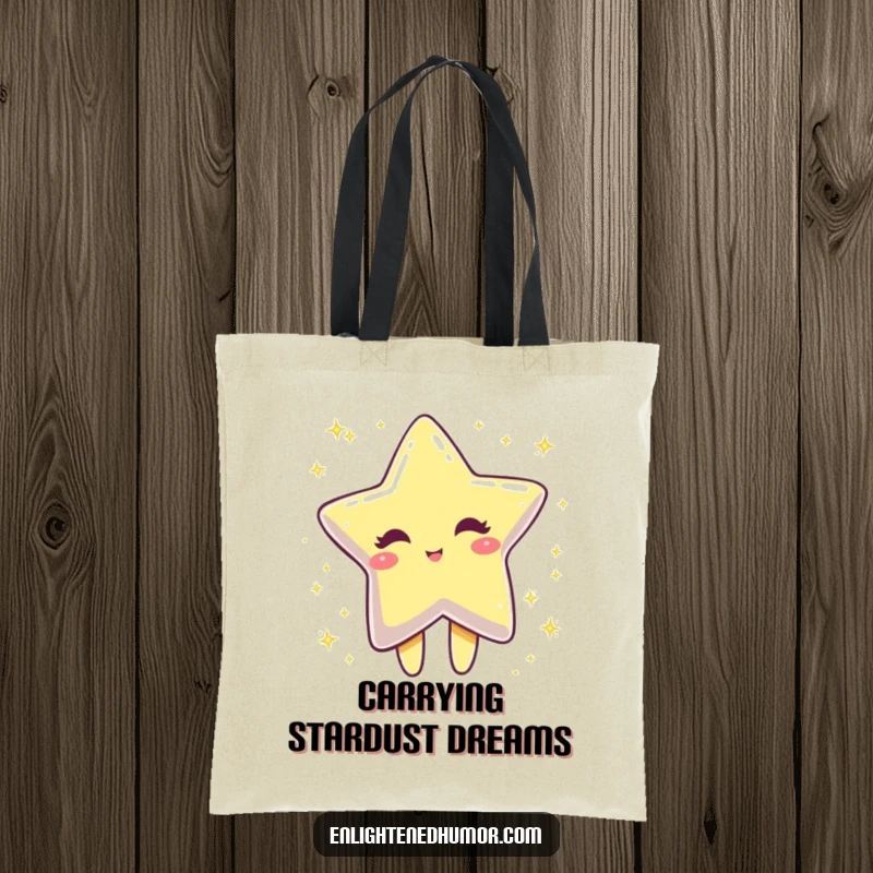 Funny winking star character on a tote bag, dissolving into sparkling dust, a cute and functional funny accessory.