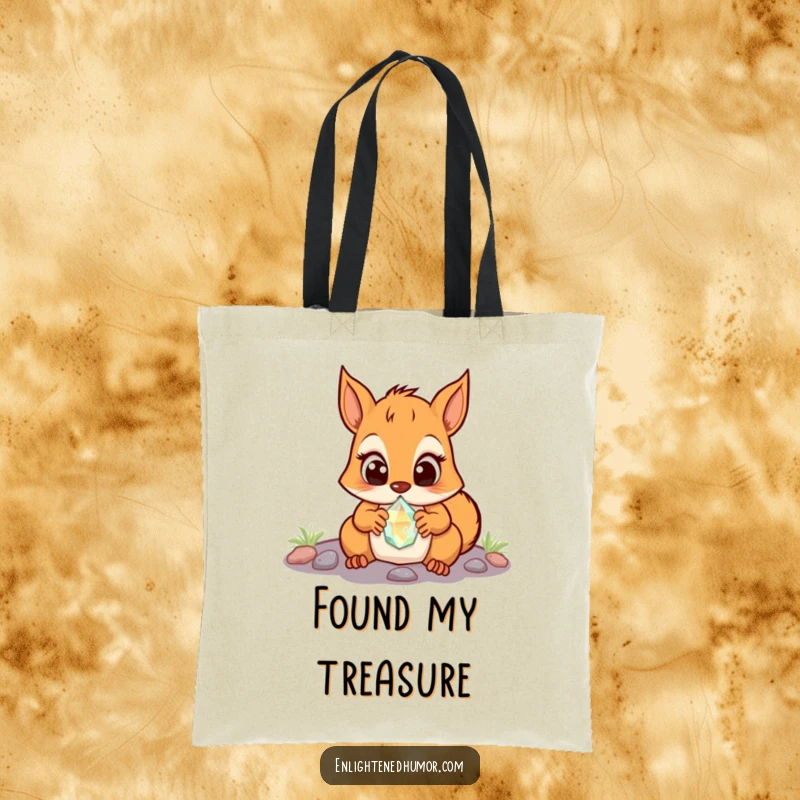 Funny Squirrel Tote Bag: A surprised squirrel discovering a glowing crystal, eyes wide with wonder and excitement. Great for shopping.