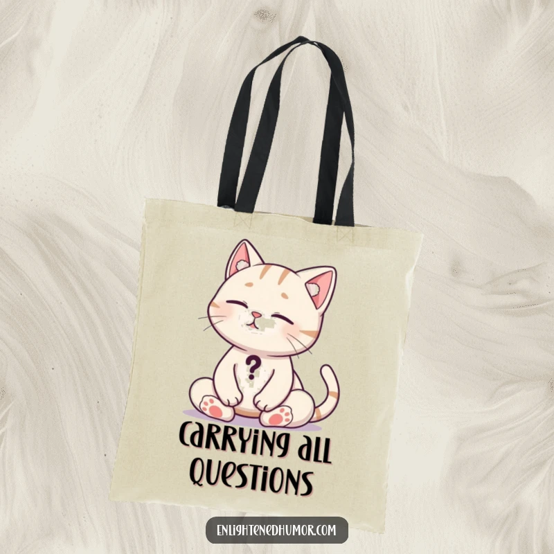 Funny Cat Tote Bag: Meditating cat with a question mark tail, perfect for carrying thoughts. Great funny gift.