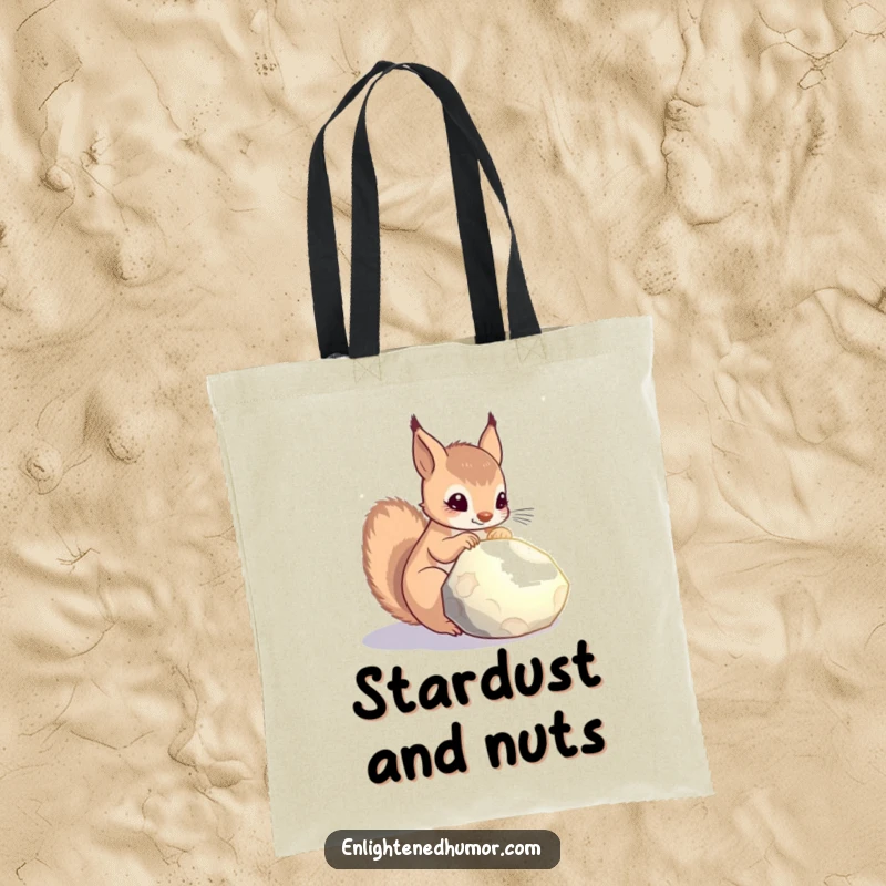 Funny celestial squirrel tote bag featuring a curious squirrel contemplating a glowing stone, perfect for carrying books or daily necessities.