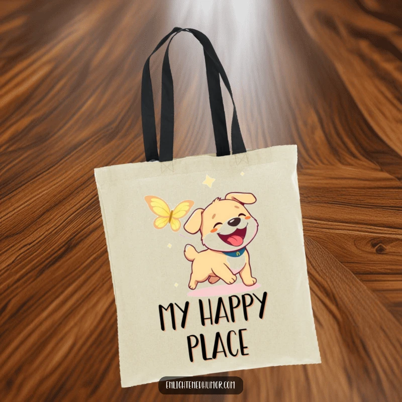 Funny Dog Chase Tote Bag: Happy dog chases a shimmering butterfly of enlightenment, full of joy. Great funny gift.