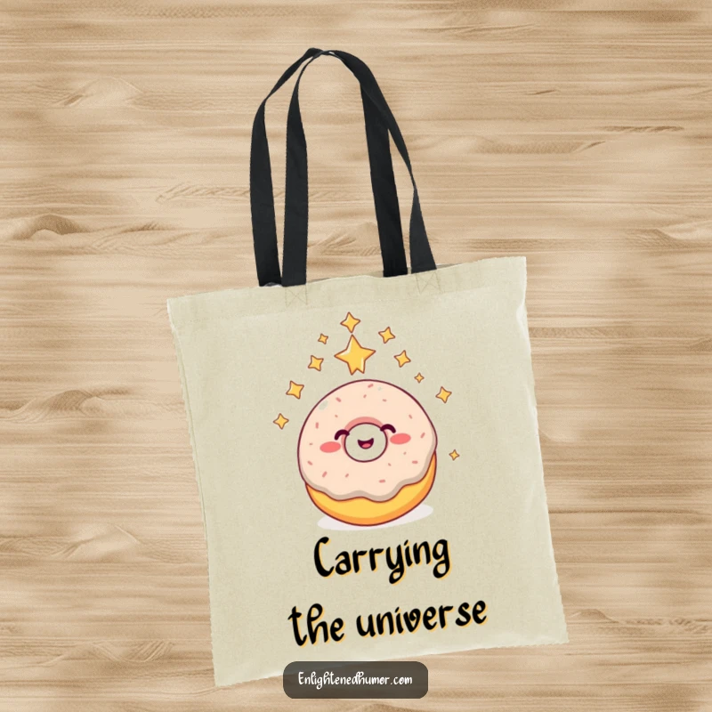 Funny donut tote bag, giggling, reaching higher consciousness, surrounded by stars, cosmic grocery bag.