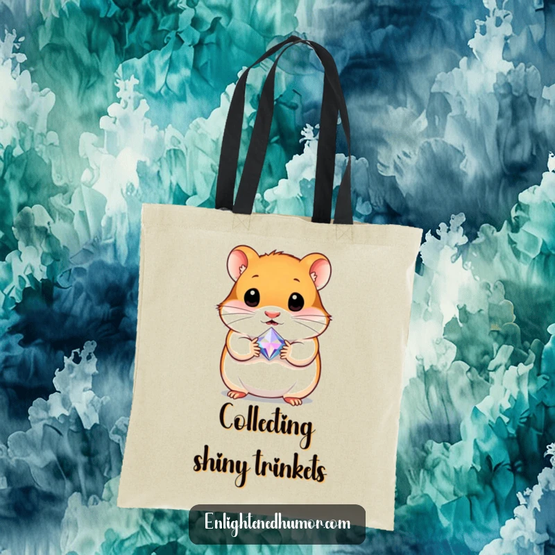 Funny tote bag showcasing a curious hamster holding a tiny, radiant gem, ideal for carrying daily necessities with a touch of sparkle.