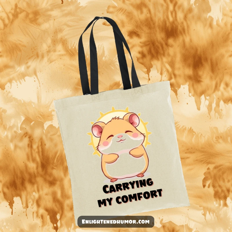 Funny Hamster Tote Bag with a contented character blissfully enjoying a sunbeam, perfect for carrying daily necessities.