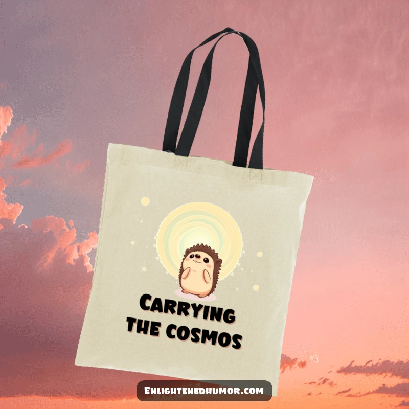 Funny hedgehog tote bag featuring a small creature looking up in awe at a swirling, vibrant cosmic energy vortex.