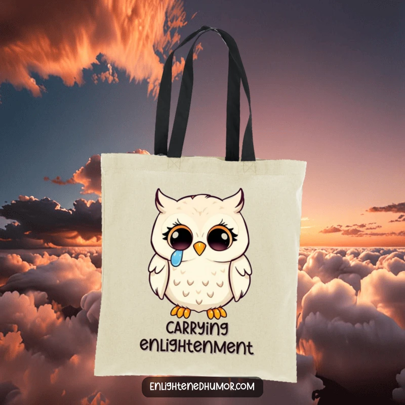 Funny kawaii owl tote bag, a wise owl with enlightened eyes shedding a tear of joy, perfect for mindful errands.