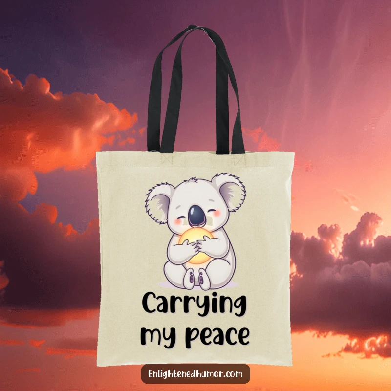 Funny tote bag featuring a serene koala hugging a glowing orb, symbolizing tranquility and peace.